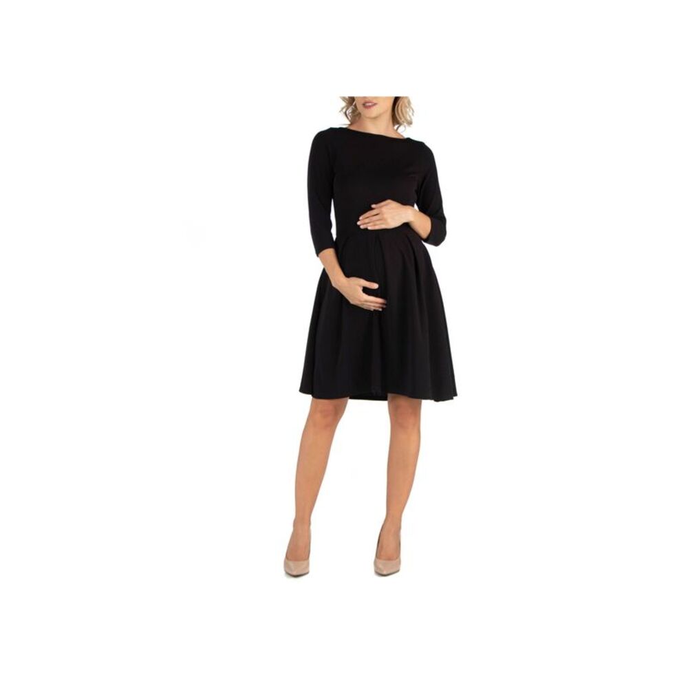 24seven Comfort Apparel Knee Length Fit N Flare Maternity Dress with Pockets